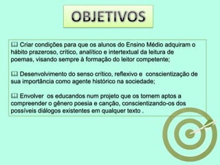 OBJETIVOS Criar condições para que os alunos do Ensino Médio adquiram o hábito prazeroso, crítico, analítico e intertextual da leitura de poemas, visando sempre à formação do leitor competente;