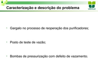 Caracterização e descrição do problema




•   Gargalo no processo de reoperação dos purificadores;



•   Posto de teste de vazão;



•   Bombas de pressurização com defeito de vazamento;
 