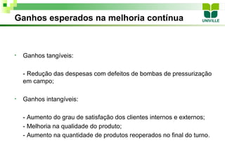 Ganhos esperados na melhoria contínua



•   Ganhos tangíveis:

    - Redução das despesas com defeitos de bombas de pressurização
    em campo;

•   Ganhos intangíveis:

    - Aumento do grau de satisfação dos clientes internos e externos;
    - Melhoria na qualidade do produto;
    - Aumento na quantidade de produtos reoperados no final do turno .
 