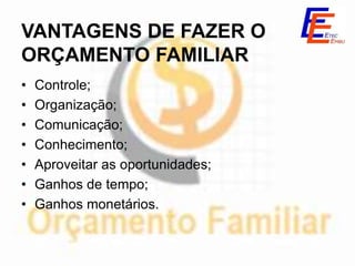 VANTAGENS DE FAZER O
ORÇAMENTO FAMILIAR
•   Controle;
•   Organização;
•   Comunicação;
•   Conhecimento;
•   Aproveitar as oportunidades;
•   Ganhos de tempo;
•   Ganhos monetários.
 