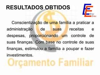 RESULTADOS OBTIDOS

  Conscientização de uma família a praticar a
administração    de     suas    receitas    e
despesas, proporcionando um controle de
suas finanças. Com base no controle de suas
finanças, estimulou a família a poupar e fazer
investimentos.
 