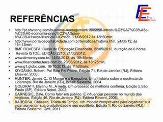 REFERÊNCIAS
•   http://pt.shvoong.com/business-management/1905996-introdu%C3%A7%C3%A3o-
    %C3%A0-economia-princ%C3%ADpios-
    b%C3%A1sicos/#ixzz24CUGYnZb, 21/08/2012 às 13h50min;
•   http://www.portaldecontabilidade.com.br/tematicas/historia.htm, 24/08/12, às
    11h:13min;
•   BMF BOVESPA, Curso de Educação Financeira, 22/05/2012, duração de 6 horas;
•    Revista ISTOÉ, EDIÇÃO 2210, 21/03/2012;
•   www.drmoney.com.br, 14/08/2012, às 10h45min;
•   www.financenter.terra.com.br, 20/03/2012, às 13h25min;
•   www.g1.globo.com, 16/10/2012, às 11h20min;
•   KIYOSAKI, Robert, Pai Rico Pai Pobre, Edição 71. Rio de Janeiro (RJ), Editora
    Elsevier, 2000;
•   HUNTER, James C.. O Monge e o Executivo. Uma história sobre a essência da
    Liderança. Rio de Janeiro (RJ), Brasil: Sextante, 2004.
•   GOLDRATT, Eliyahu M., A meta. Um processo de melhoria contínua, Edição 2.São
    Paulo (SP). Editora Nobel, 2002;
•   CARNEGIE, Dale. Como falar em público. E influenciar pessoas no mundo dos
    negócios. Edição 46. Rio de Janeiro (RJ). Editora Record, 2006;
•   BARBOSA, Christian, Tríade do Tempo. Um modelo comprovado para organizar sua
    vida, aumentar sua produtividade e seu equilíbrio. Edição 1. Rio de Janeiro (RJ).
    Editora Sextame, Gmt, 2011.
 