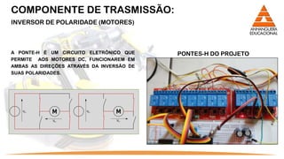 COMPONENTE DE TRASMISSÃO:
INVERSOR DE POLARIDADE (MOTORES)



A PONTE-H É UM CIRCUITO ELETRÔNICO QUE     PONTES-H DO PROJETO
PERMITE AOS MOTORES DC, FUNCIONAREM EM
AMBAS AS DIREÇÕES ATRAVÉS DA INVERSÃO DE
SUAS POLARIDADES.
 