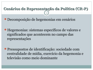 Cenários de Representação da Política (CR-P)Cenários de Representação da Política (CR-P)
Decomposição de hegemonias em cenários
Hegemonias: sistemas específicos de valores e
significados que acontecem no campo das
representações
Pressupostos de identificação: sociedade com
centralidade de mídia, exercício da hegemonia e
televisão como meio dominante
12
 