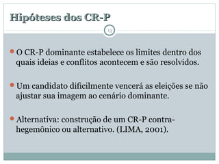 Hipóteses dos CR-PHipóteses dos CR-P
O CR-P dominante estabelece os limites dentro dos
quais ideias e conflitos acontecem e são resolvidos.
Um candidato dificilmente vencerá as eleições se não
ajustar sua imagem ao cenário dominante.
Alternativa: construção de um CR-P contra-
hegemônico ou alternativo. (LIMA, 2001).
13
 