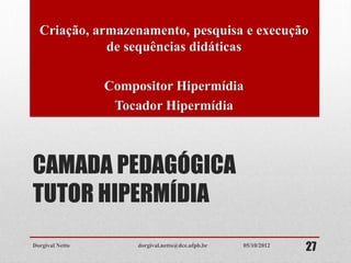 CAMADA PEDAGÓGICA
TUTOR HIPERMÍDIA
Criação, armazenamento, pesquisa e execução
de sequências didáticas
Compositor Hipermídia
Tocador Hipermídia
Dorgival Netto dorgival.netto@dce.ufpb.br
2705/10/2012
 