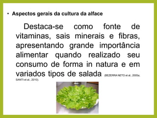 • Aspectos gerais da cultura da alface
Destaca-se como fonte de
vitaminas, sais minerais e fibras,
apresentando grande importância
alimentar quando realizado seu
consumo de forma in natura e em
variados tipos de salada (BEZERRA NETO et al., 2005a;
SANTI et al., 2010).
 