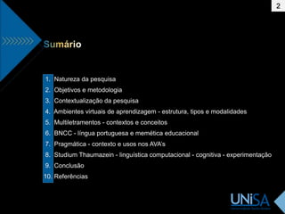 1. Natureza da pesquisa
2. Objetivos e metodologia
3. Contextualização da pesquisa
4. Ambientes virtuais de aprendizagem - estrutura, tipos e modalidades
5. Multiletramentos - contextos e conceitos
6. BNCC - língua portuguesa e memética educacional
7. Pragmática - contexto e usos nos AVA’s
8. Studium Thaumazein - linguística computacional - cognitiva - experimentação
9. Conclusão
10. Referências
2
 