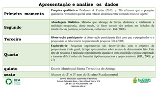 Apresentação e analise os dados
Centro de Estudos Superiores de Parintins
Estrada Odovaldo Novo - Bairro Djard Vieira, S/N
CEP: 69152-470, Parintins /AM
www.uea.edu.br
Primeiro momento
Pesquisa qualitativa- Prodanov & Freitas (2013, p. 70) afirmam que a pesquisa
qualitativa “considera que há uma relação dinâmica entre o mundo real e o sujeito”
Segundo
Abordagem Dialética- Método que abrange de forma dinâmica e totalizante a
realidade pesquisada, desse modo, os fatos sociais não podem ser isolados de
interferências políticas, econômicas, culturais e etc., Gil (2008)
Terceiro
Observação participante- A observação participante fará com que o pesquisador e o
pesquisado se relacionem no percurso da pesquisa GIL (2008).
Quarto
Exploratória- Pesquisas exploratórias são desenvolvidas com o objetivo de
proporcionar visão geral, de tipo aproximativo sobre acerca de determinado fato. Este
tipo de pesquisa é realizado especialmente quando o tema escolhido é pouco explorado
e torna-se difícil sobre ele formular hipóteses precisas e operacionáveis. (GIL, 2008, p.
27)
quinto Escola Municipal Santa Terezinha do Aninga
sexto Alunos do 2º e 3º ano do Ensino Fundamental
 