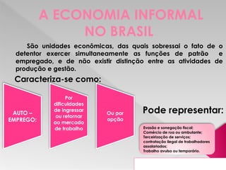 A ECONOMIA INFORMAL
NO BRASIL
São unidades econômicas, das quais sobressai o fato de o
detentor exercer simultaneamente as funções de patrão e
empregado, e de não existir distinção entre as atividades de
produção e gestão.
Pode representar:
AUTO –
EMPREGO:
Por
dificuldades
de ingressar
ou retornar
ao mercado
de trabalho
Ou por
opção
Evasão e sonegação fiscal;
Comércio de rua ou ambulante;
Terceirização de serviços;
contratação ilegal de trabalhadores
assalariados;
Trabalho avulso ou temporário.
Caracteriza-se como:
 