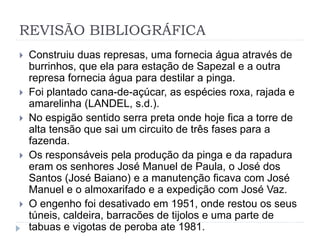 REVISÃO BIBLIOGRÁFICA 
 Construiu duas represas, uma fornecia água através de 
burrinhos, que ela para estação de Sapezal e a outra 
represa fornecia água para destilar a pinga. 
 Foi plantado cana-de-açúcar, as espécies roxa, rajada e 
amarelinha (LANDEL, s.d.). 
 No espigão sentido serra preta onde hoje fica a torre de 
alta tensão que sai um circuito de três fases para a 
fazenda. 
 Os responsáveis pela produção da pinga e da rapadura 
eram os senhores José Manuel de Paula, o José dos 
Santos (José Baiano) e a manutenção ficava com José 
Manuel e o almoxarifado e a expedição com José Vaz. 
 O engenho foi desativado em 1951, onde restou os seus 
túneis, caldeira, barracões de tijolos e uma parte de 
tabuas e vigotas de peroba ate 1981. 
 