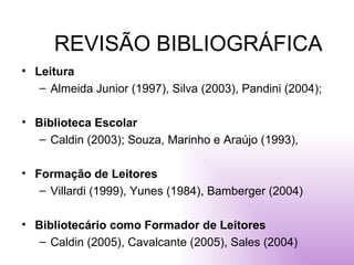 REVISÃO BIBLIOGRÁFICA Leitura Almeida Junior (1997), Silva (2003), Pandini (2004); Biblioteca Escolar Caldin (2003); Souza, Marinho e Araújo (1993),  Formação de Leitores Villardi (1999), Yunes (1984), Bamberger (2004)  Bibliotecário como Formador de Leitores Caldin (2005), Cavalcante (2005), Sales (2004)  