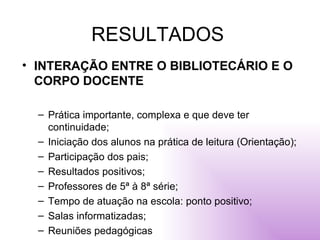 RESULTADOS INTERAÇÃO ENTRE O BIBLIOTECÁRIO E O CORPO DOCENTE Prática importante, complexa e que deve ter continuidade; Iniciação dos alunos na prática de leitura (Orientação); Participação dos pais; Resultados positivos; Professores de 5ª à 8ª série; Tempo de atuação na escola: ponto positivo; Salas informatizadas; Reuniões pedagógicas 