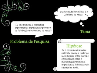 Marketing Experimental e o
                                         Consumo de Moda



   De que maneira o marketing
  experimental impulsiona o processo
  de fidelização no consumo de moda?
                                                           Tema

Problema de Pesquisa
                                             Hipótese
                                         Se o consumo de moda é
                                        autoral e ocorre a partir da
                                        identificação entre marca e
                                        consumidor; então o
                                        marketing experimental
                                        impulsiona a fidelização de
                                        clientes na moda.
 