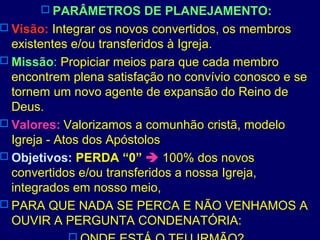  PARÂMETROS DE PLANEJAMENTO:
 Visão: Integrar os novos convertidos, os membros
existentes e/ou transferidos à Igreja.
 Missão: Propiciar meios para que cada membro
encontrem plena satisfação no convívio conosco e se
tornem um novo agente de expansão do Reino de
Deus.
 Valores: Valorizamos a comunhão cristã, modelo
Igreja - Atos dos Apóstolos
 Objetivos: PERDA “0”  100% dos novos
convertidos e/ou transferidos a nossa Igreja,
integrados em nosso meio,
 PARA QUE NADA SE PERCA E NÃO VENHAMOS A
OUVIR A PERGUNTA CONDENATÓRIA:
 