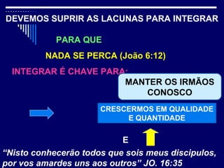INTEGRAR É CHAVE PARA:
NADA SE PERCA (João 6:12)
DEVEMOS SUPRIR AS LACUNAS PARA INTEGRAR
PARA QUE
E
“Nisto conhecerão todos que sois meus discipulos,
por vos amardes uns aos outros” JO. 16:35
CRESCERMOS EM QUALIDADE
E QUANTIDADE
MANTER OS IRMÃOS
CONOSCO
 