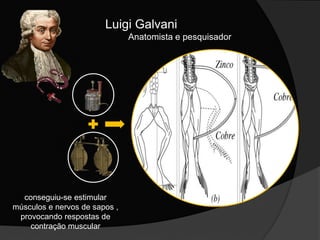 Luigi Galvani
Anatomista e pesquisador
conseguiu-se estimular
músculos e nervos de sapos ,
provocando respostas de
contração muscular
 