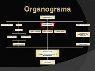 Motor Elétrico
História
Corrente Alternada
Motor de Uso Especial
1º Motor
Como Surgiu Características
Evolução do Motor
Corrente ContinuaMotor Universal
Tipos de Motores
Vantagens de
Aplicação por Tipo
Especifico
Custo Beneficio
Aplicação Prática:
Principio de Funcionamento do
Motor Elétrico
Conclusão
Introdução
 
