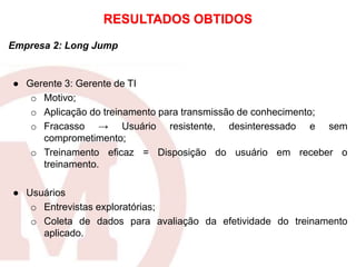 Empresa 2: Long Jump
● Gerente 3: Gerente de TI
o Motivo;
o Aplicação do treinamento para transmissão de conhecimento;
o Fracasso → Usuário resistente, desinteressado e sem
comprometimento;
o Treinamento eficaz = Disposição do usuário em receber o
treinamento.
● Usuários
o Entrevistas exploratórias;
o Coleta de dados para avaliação da efetividade do treinamento
aplicado.
RESULTADOS OBTIDOS
 