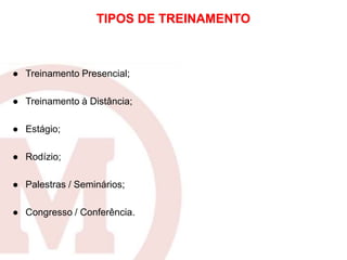 ● Treinamento Presencial;
● Treinamento à Distância;
● Estágio;
● Rodízio;
● Palestras / Seminários;
● Congresso / Conferência.
TIPOS DE TREINAMENTO
 