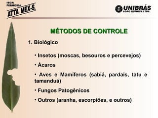 MÉTODOS DE CONTROLE   1. Biológico Insetos (moscas, besouros e percevejos) Ácaros Aves e Mamíferos (sabiá, pardais, tatu e tamanduá) Fungos Patogênicos Outros (aranha, escorpiões, e outros) 