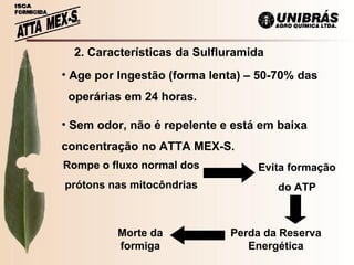 2. Características da Sulfluramida Age por Ingestão (forma lenta) – 50-70% das operárias em 24 horas. Sem odor, não é repelente e está em baixa concentração no ATTA MEX-S. Rompe o fluxo normal dos  prótons nas mitocôndrias Evita formação do ATP Perda da Reserva Energética Morte da formiga 