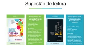 Sugestão de leitura
LIVRO 01
Leia um trecho...
LIVRO 02
Leia um trecho...
Design Thinking: Uma
metodologia poderosa
para decretar o fim das
velhas ideias
Auto: Tim Brown
Editora: Alta Books
Páginas: 272
RESENHA:
Este livro introduz a ideia de
Design Thinking, um
processo colaborativo que
usa a sensibilidade e a
técnica criativa para suprir
as necessidades das
pessoas não só com o que
é tecnicamente visível, mas
com uma estratégia de
negócios viável. Em resumo,
o Design ...
Design Thinking Brasil:
Empatia, Colaboração e
Experimentação para
Pessoas, Negócios e
Sociedade
Autor: Luis Alt e Tenny
Pinheiro
Editora: Alta Books
Páginas: 248
RESENHA:
Desde a época da
Revolução industrial até os
dias de hoje, temos vivido e
gerido negócios sob a ótica
de modelos cunhados para
atender a uma realidade que
a muito não nos acompanha.
 