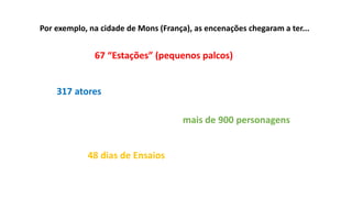 Por exemplo, na cidade de Mons (França), as encenações chegaram a ter...
48 dias de Ensaios
67 “Estações” (pequenos palcos)
317 atores
mais de 900 personagens
 