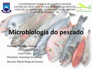 Microbiologia do pescado
UNIVERSIDADE FEDERAL DE CAMPINA GRANDE
CENTRO DE CIÊNCIAS E TECNOLOGIAAGROALIMENTAR
UNIDADE ACADÊMICA DE TECNOLOGIA DE ALIMENTOS
CAMPUS DE POMBAL – PB
Discente: Anderson Formiga
Cecylyana Leite
César Carlos
Disciplina: Tecnologia do pescado
Docente: Sthelio Braga da Fonseca
 