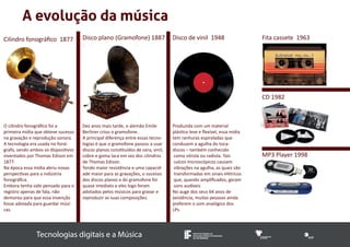 Disco plano (Gramofone) 1887 Disco de vinil 1948 Fita cassete 1963 
Tecnologias digitais e a Música INSTITUTO FEDERAL DE 
EDUCAÇÃO, CIÊNCIA E TECNOLOGIA 
SUL-RIO-GRANDENSE 
A evolução da música 
Cilindro fonográfico 1877 
O cilindro fonográfico foi a 
primeira mídia que obteve sucesso 
na gravação e reprodução sonora. 
A tecnologia era usada no fonó-grafo, 
sendo ambos os dispositivos 
inventados por Thomas Edison em 
1877. 
Na época essa mídia abriu novas 
perspectivas para a indústria 
fonográfica. 
Embora tenha sido pensado para o 
registro apenas de fala, não 
demorou para que essa invenção 
fosse adotada para guardar músi-cas. 
Dez anos mais tarde, o alemão Emile 
Berliner criou o gramofone. 
A principal diferença entre essas tecno-logias 
é que o gramofone passou a usar 
discos planos constituídos de cera, vinil, 
cobre e goma laca em vez dos cilindros 
de Thomas Edison. 
Tendo maior resistência e uma capacid-ade 
maior para as gravações, o sucesso 
dos discos planos e do gramofone foi 
quase imediato e eles logo foram 
adotados pelos músicos para gravar e 
reproduzir as suas composições. 
Produzida com um material 
plástico leve e flexível, essa mídia 
tem ranhuras espiraladas que 
conduzem a agulha do toca-discos 
– também conhecido 
como vitrola ou radiola. Tais 
sulcos microscópicos causam 
vibrações na agulha, as quais são 
transformadas em sinais elétricos 
que, quando amplificados, geram 
sons audíveis 
No auge dos seus 64 anos de 
existência, muitas pessoas ainda 
preferem o som analógico dos 
LPs. 
CD 1982 
MP3 Player 1998 
 