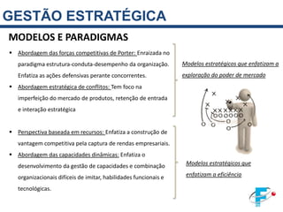 GESTÃO ESTRATÉGICA
MODELOS E PARADIGMAS
 Abordagem das forças competitivas de Porter: Enraizada no
   paradigma estrutura-conduta-desempenho da organização.         Modelos estratégicos que enfatizam a
   Enfatiza as ações defensivas perante concorrentes.             exploração do poder de mercado
 Abordagem estratégica de conflitos: Tem foco na
   imperfeição do mercado de produtos, retenção de entrada
   e interação estratégica


 Perspectiva baseada em recursos: Enfatiza a construção de
   vantagem competitiva pela captura de rendas empresariais.
 Abordagem das capacidades dinâmicas: Enfatiza o
   desenvolvimento da gestão de capacidades e combinação           Modelos estratégicos que

   organizacionais difíceis de imitar, habilidades funcionais e    enfatizam a eficiência

   tecnológicas.
 
