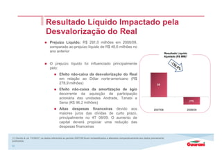35
(11)
2007/08 2008/09
10
Resultado Líquido
Ajustado (R$ MM)1
Prejuízo Líquido: R$ 291,0 milhões em 2008/09,
comparado ao prejuízo líquido de R$ 46,6 milhões no
ano anterior
O prejuízo líquido foi influenciado principalmente
pelo:
Efeito não-caixa da desvalorização do Real
em relação ao Dólar norte-americano (R$
278,9 milhões)
Efeito não-caixa da amortização de ágio
decorrente da aquisição de participação
acionária das unidades Andrade, Tanabi e
Sena (R$ 96,2 milhões)
Altas despesas financeiras devido aos
maiores juros das dívidas de curto prazo,
principalmente no 4T 08/09. O aumento de
capital deverá propiciar uma redução das
despesas financeiras
Resultado Líquido Impactado pela
Desvalorização do Real
(1) Devido à Lei 11638/07, os dados referentes ao período 2007/08 foram reclassificados e alterados comparativamente aos dados previamente
publicados.
 