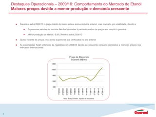 Destaques Operacionais – 2009/10: Comportamento do Mercado de Etanol
Maiores preços devido a menor produção e demanda crescente
8
 Durante a safra 2009/10, o preço médio do etanol esteve acima da safra anterior, mas marcado por volatilidade, devido a:
 Expressivas vendas de veículos flex-fuel atreladas à paridade atrativa de preços em relação à gasolina
 Menor produção de etanol (-5,6%) frente à safra 2009/10
 Queda recente de preços, mas ainda superiores aos verificados no ano anterior
 As exportações foram inferiores às registrdas em 2008/09 devido ao crescente consumo doméstico e menores preços nos
mercados internacionais
Preço de Etanol da
Guarani (R$/m³)
Nota: Preço médio, líquido de impostos
400
600
800
1000
1200
1T07/08
2T07/08
3T07/08
4T07/08
1T08/09
2T08/09
3T08/09
4T08/09
1T09/10
2T09/10
3T09/10
4T09/10
 