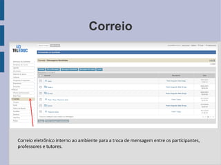 Correio Correio eletrônico interno ao ambiente para a troca de mensagem entre os participantes, professores e tutores. 