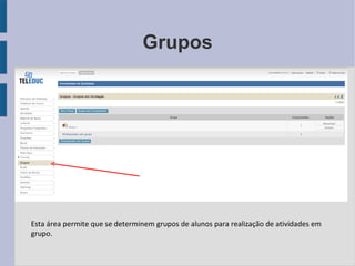 Grupos Esta área permite que se determinem grupos de alunos para realização de atividades em grupo. 