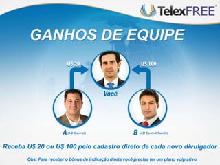 GANHOS DE EQUIPE

Receba U$ 20 ou U$ 100 pelo cadastro direto de cada novo divulgador
Obs: Para receber o bônus de indicação direta você precisa ter um plano voip ativo

 