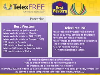 Parcerias
Best Western
•Presença nos principais mercados
•Maior rede de hotéis no Mundo
•Maior rede de hotéis no EUA (2.200)
•Maior rede de hotéis na Europa (1.300)
•200 hotéis na Oceania
•200 hotéis na América Latina
•Mais de 100 Hotéis na América Latina
•200 Hotéis na Ásia e África
TelexFree INC
•Maior rede de divulgadores do mundo
•Mais de 330.000 centrais de divulgação
•Presente em mais de 40 países
•Maior índice de crescimento de audiência
na internet (fonte: alexa.com)
•16.704 Ranking mundial /
477 Ranking Nacional (Brasil)
São mais de R$50 Milhões de investimento.
Fruto do trabalho intenso de nossos divulgadores e
da credibilidade e solidez da marca Telexfree.
Dia 01/12/2012 em Vitória ES é a data oficial do lançamento. Não perca por nada, compre já o
seu convite e venha compartilhar com todos esse IMENSO SUCESSO!
 