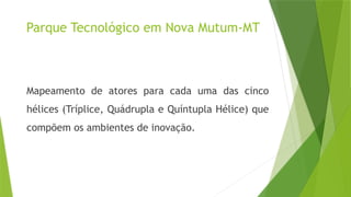 Parque Tecnológico em Nova Mutum-MT
Mapeamento de atores para cada uma das cinco
hélices (Tríplice, Quádrupla e Quíntupla Hélice) que
compõem os ambientes de inovação.
 