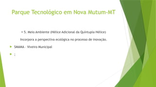 Parque Tecnológico em Nova Mutum-MT
🌱 5. Meio Ambiente (Hélice Adicional da Quíntupla Hélice)
Incorpora a perspectiva ecológica no processo de inovação.
 SMAMA – Viveiro Municipal
 ;
 