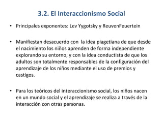 3.2. El Interaccionismo Social Principales exponentes: Lev Yygotsky y ReuvenFeuertein Manifiestan desacuerdo con  la idea piagetiana de que desde el nacimiento los niños aprenden de forma independiente explorando su entorno, y con la idea conductista de que los adultos son totalmente responsables de la configuración del aprendizaje de los niños mediante el uso de premios y castigos. Para los teóricos del interaccionismo social, los niños nacen en un mundo social y el aprendizaje se realiza a través de la interacción con otras personas. 