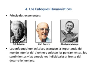 4. Los Enfoques Humanísticos Principales exponentes:   Erik Erikson  Carl Rogers  Abraham Maslow  Los enfoques humanísticos acentúan la importancia del mundo interior del alumno y colocan los pensamientos, los sentimientos y las emociones individuales al frente del desarrollo humano. 