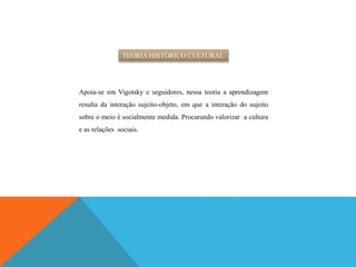 TEORIA HISTÓRICO CULTURAL
Apoia-se em Vigotsky e seguidores, nessa teoria a aprendizagem
resulta da interação sujeito-objeto, em que a interação do sujeito
sobre o meio é socialmente medida. Procurando valorizar a cultura
e as relações sociais.
 