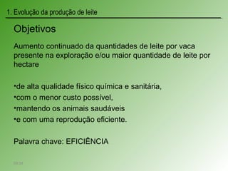 Aumento continuado da quantidades de leite por vaca
presente na exploração e/ou maior quantidade de leite por
hectare
•de alta qualidade físico química e sanitária,
•com o menor custo possível,
•mantendo os animais saudáveis
•e com uma reprodução eficiente.
Palavra chave: EFICIÊNCIA
1. Evolução da produção de leite
Objetivos
09:34
 