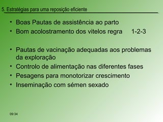 5. Estratégias para uma reposição eficiente
09:34
• Boas Pautas de assistência ao parto
• Bom acolostramento dos vitelos regra 1-2-3
• Pautas de vacinação adequadas aos problemas
da exploração
• Controlo de alimentação nas diferentes fases
• Pesagens para monotorizar crescimento
• Inseminação com sémen sexado
 