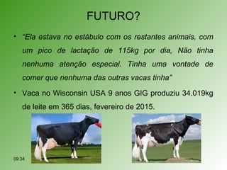 FUTURO?
• “Ela estava no estábulo com os restantes animais, com
um pico de lactação de 115kg por dia, Não tinha
nenhuma atenção especial. Tinha uma vontade de
comer que nenhuma das outras vacas tinha”
• Vaca no Wisconsin USA 9 anos GIG produziu 34.019kg
de leite em 365 dias, fevereiro de 2015.
09:34
 