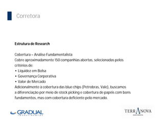 Importância da Bolsa
  Corretora



  Estrutura de Research

  Cobertura – Análise Fundamentalista
  Cobre aproximadamente 150 companhias abertas, selecionadas pelos
  critérios de:
  • Liquidez em Bolsa
  • Governança Corporativa
  • Valor de Mercado
  Adicionalmente à cobertura das blue chips (Petrobras, Vale), buscamos
  a diferenciação por meio de stock picking e cobertura de papéis com bons
  fundamentos, mas com cobertura deficiente pelo mercado.
 