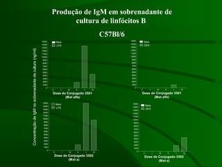 0 1 10 0 1 10
0
1000
2000
3000
4000
5000
6000
7000
8000
9000
10000
11000
12000
13000
14000
15000
LPS
Meio
Dose do Conjugado 3501
(Mat alfa)
0 1 10 0 1 10
0
1000
2000
3000
4000
5000
6000
7000
8000
9000
10000
11000
12000
13000
14000
15000
LPS
Meio
Dose do Conjugado 3502
(Mat a)
0 1 10 0 1 10
0
1000
2000
3000
4000
5000
6000
7000
8000
9000
10000
11000
12000
13000
14000
15000
DEX
Meio
Dose do Conjugado 3501
(Mat alfa)
0 1 10 0 1 10
0
1000
2000
3000
4000
5000
6000
7000
8000
9000
10000
11000
12000
13000
14000
15000
DEX
Meio
Dose do Conjugado 3502
(Mat a)
ConcentraçãodeIgMnosobrenadantedecultura(ng/ml)
Produção de IgM em sobrenadante de
cultura de linfócitos B
C57Bl/6
 