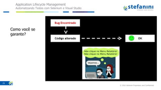 Application Lifecycle Management
Automatizando Testes com Selenium e Visual Studio
© 2016 Stefanini Proprietary and Confidential
21
Como você se
garante?
 