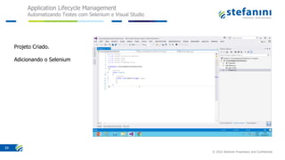 Application Lifecycle Management
Automatizando Testes com Selenium e Visual Studio
© 2016 Stefanini Proprietary and Confidential
34
Projeto Criado.
Adicionando o Selenium
 