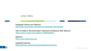 Links Uteis
© 2016 Stefanini Proprietary and Confidential
40
Integração Jenkins com Selenium
http://learn-automation.com/selenium-integration-with-jenkins/
How To Create a Test Automation Framework Architecture With Selenium
https://www.youtube.com/watch?v=DO8KVe00kcU
Selenium
http://www.seleniumhq.org/
AngularJS-Learning
https://github.com/jmcunningham/AngularJS-Learning
 
